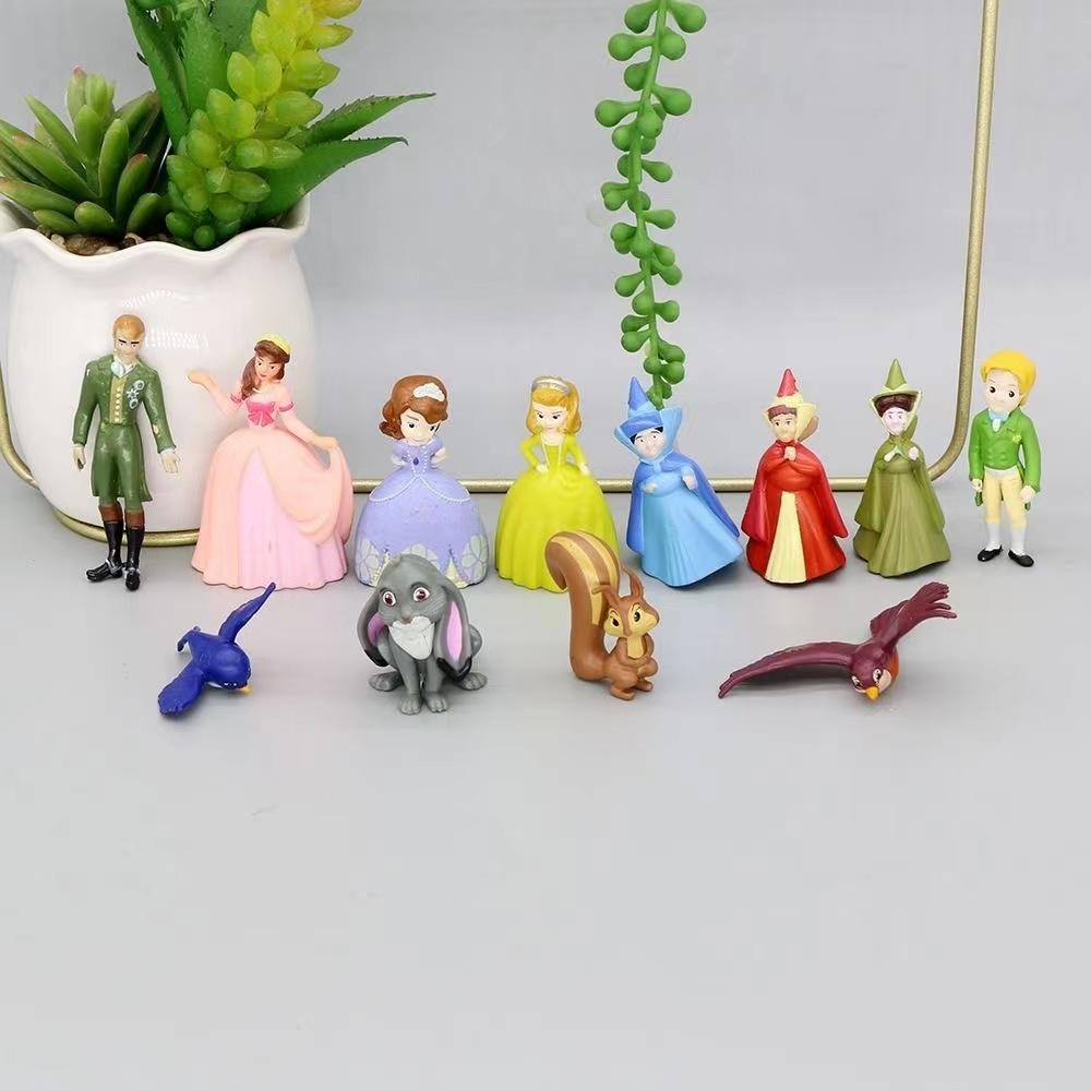 3-4cm 12uds/Lote Figuras de Sofía la Primera Princesa Sofía Ámbar Cilo Príncipe James Reina Miranda Pájaro Trébol Conejo Juguetes de Animales