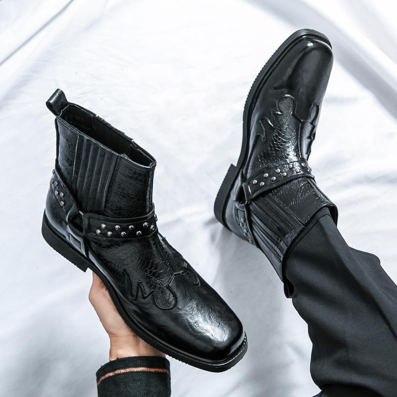 Brand Men's Classic Style Fashionable Rivet High Top Boots Autumn Men's Pointed Comfortable Carved Breathable Knight Boots