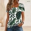 Women Plus Size U Neck Short Sleeve T Shirt White Tropical Floral Leaf Print Casual Top