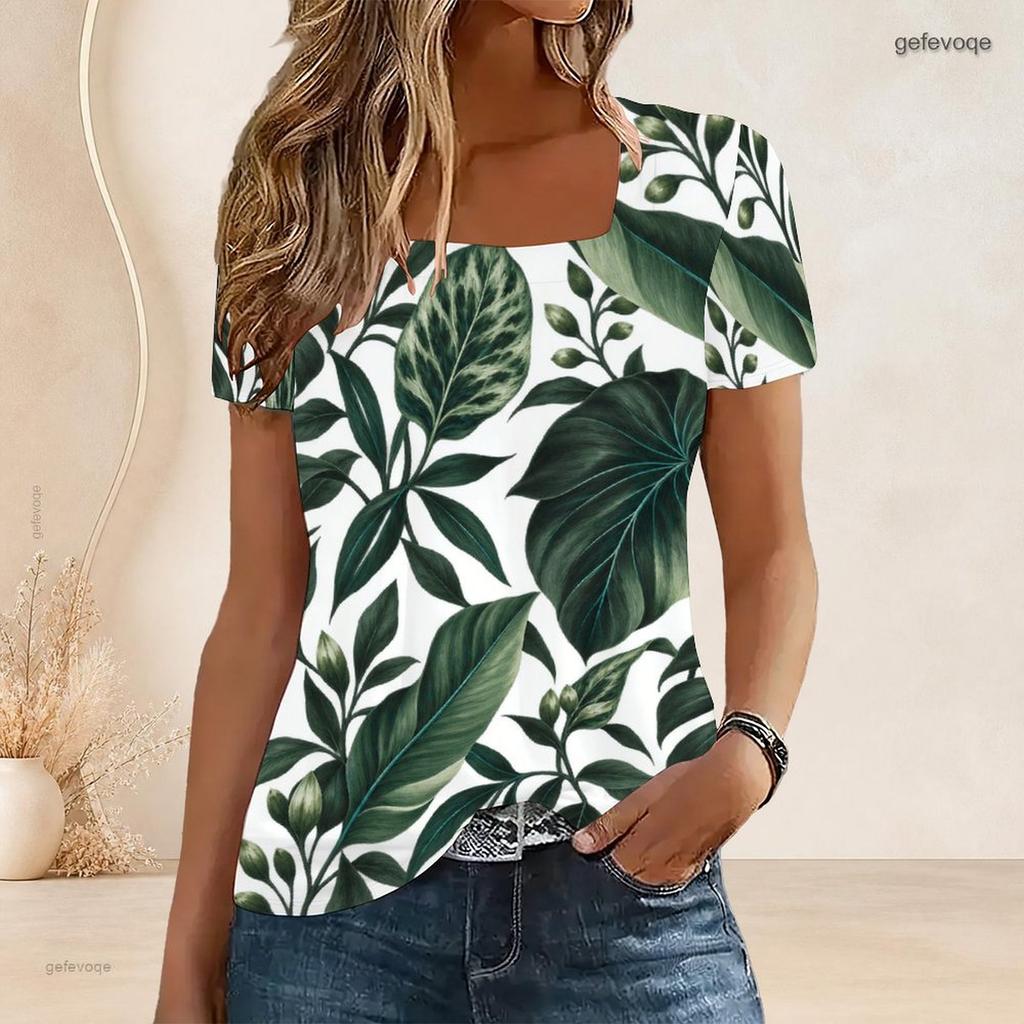 Women Plus Size U Neck Short Sleeve T Shirt White Tropical Floral Leaf Print Casual Top