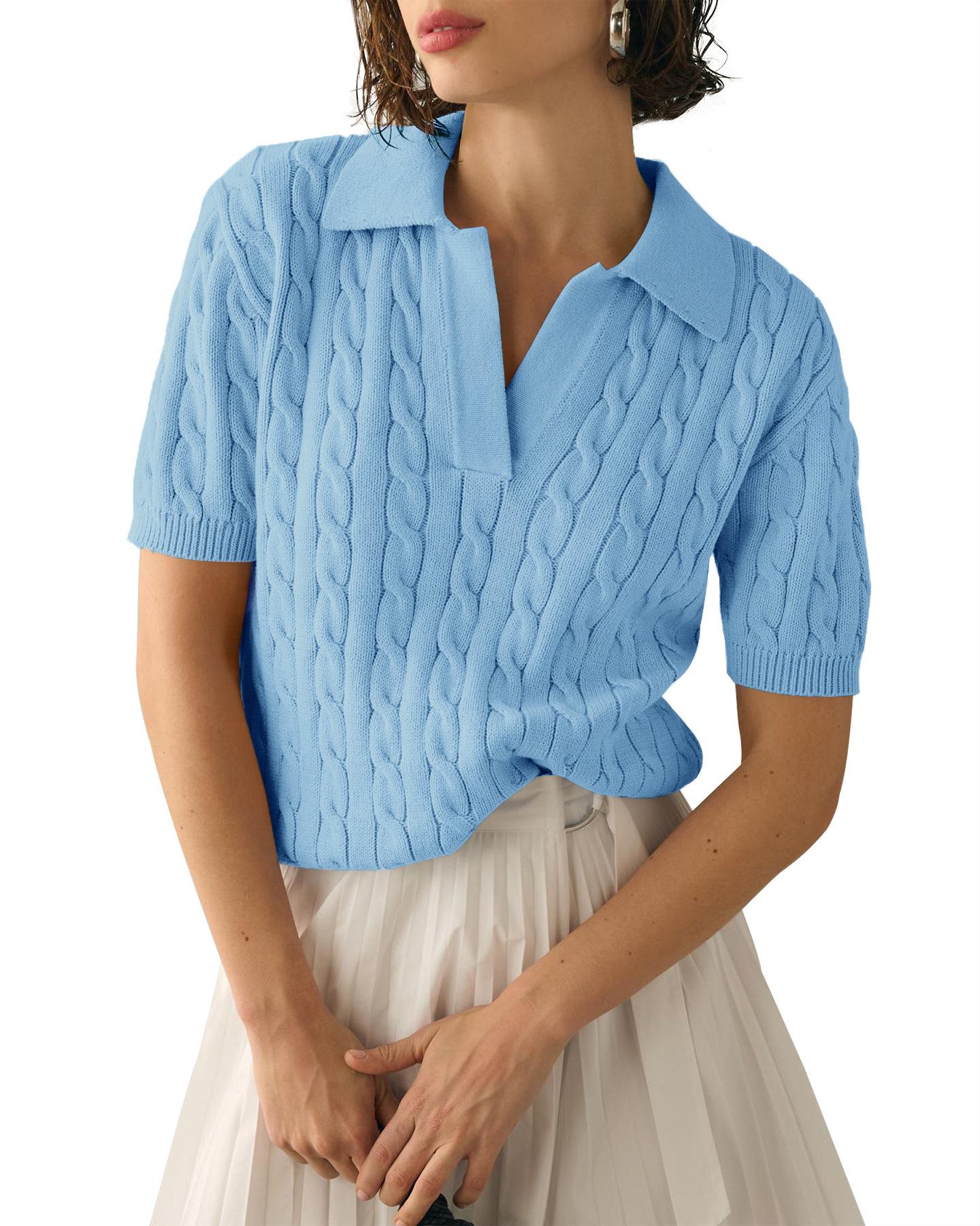 

Женская рубашка-поло с V-образным вырезом и узором «косичка» — однотонный летний свитер с короткими рукавами L