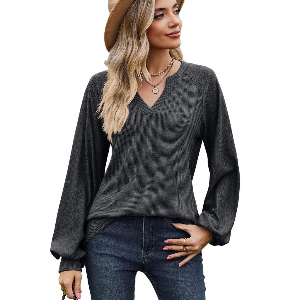 2023 European & American Solid Color V-Neck Splicing Long-Sleeve Loose T-Shirt for Women
