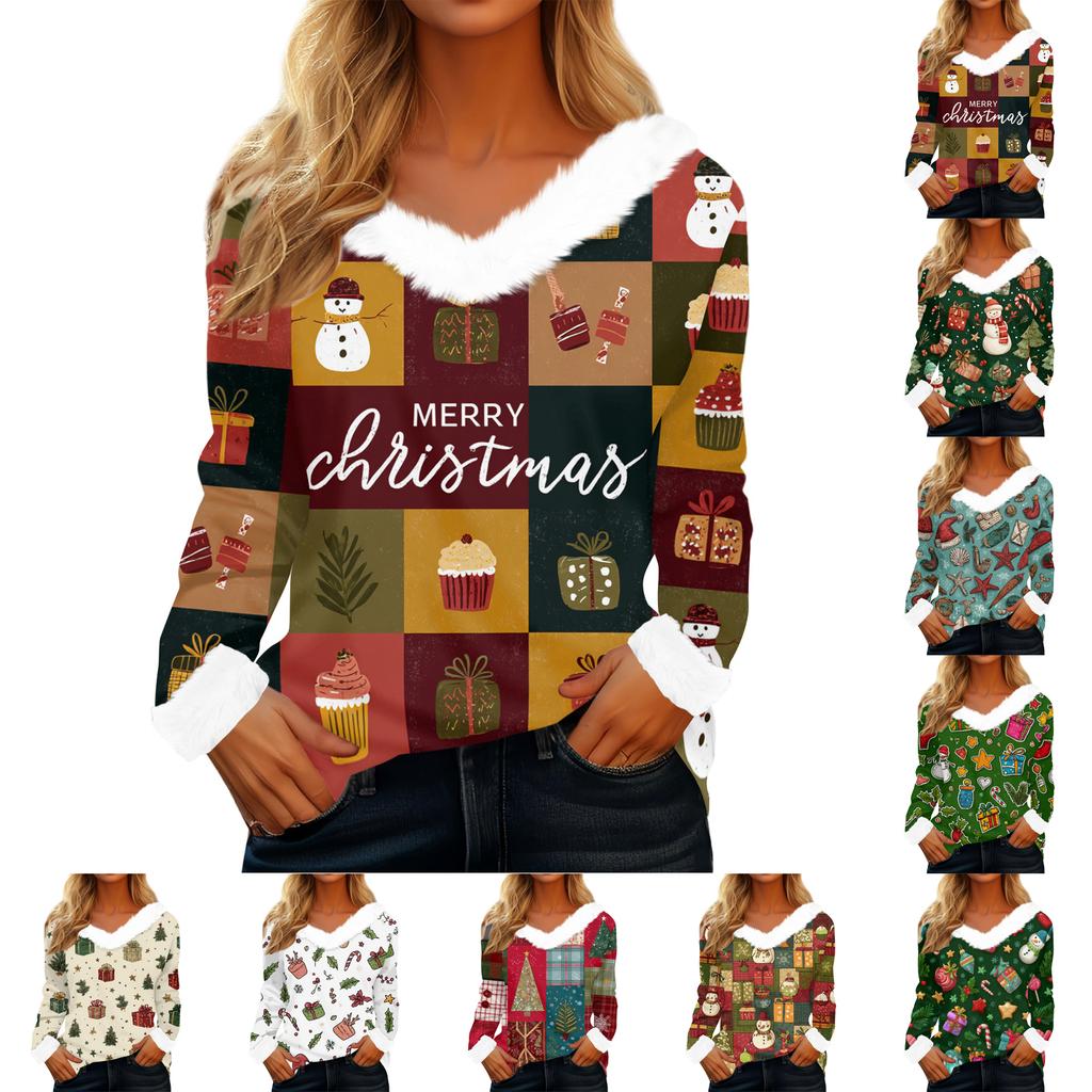 Women's Casual Fashion Long Sleeve Christmas Printed Flannel Collar Top
