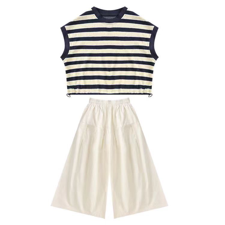 Summer Girls Clothes Child Set Sleeveless Suit Teen Striped T Shirt Crop Top +wide Leg Loose Pants