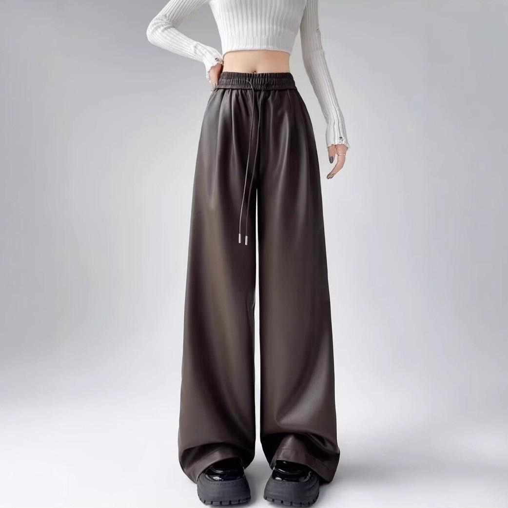 

Кофейные брюки из искусственной кожи с высокой талией и широкими штанинами: Женский осенне-зимний повседневный, свободный стиль до пола с прямыми штанинами. 3XL кофейный