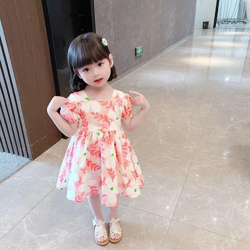 Girls Summer Chiffon Floral Dress Short Sleeve Korean Princess Dress for Toddlers 80
