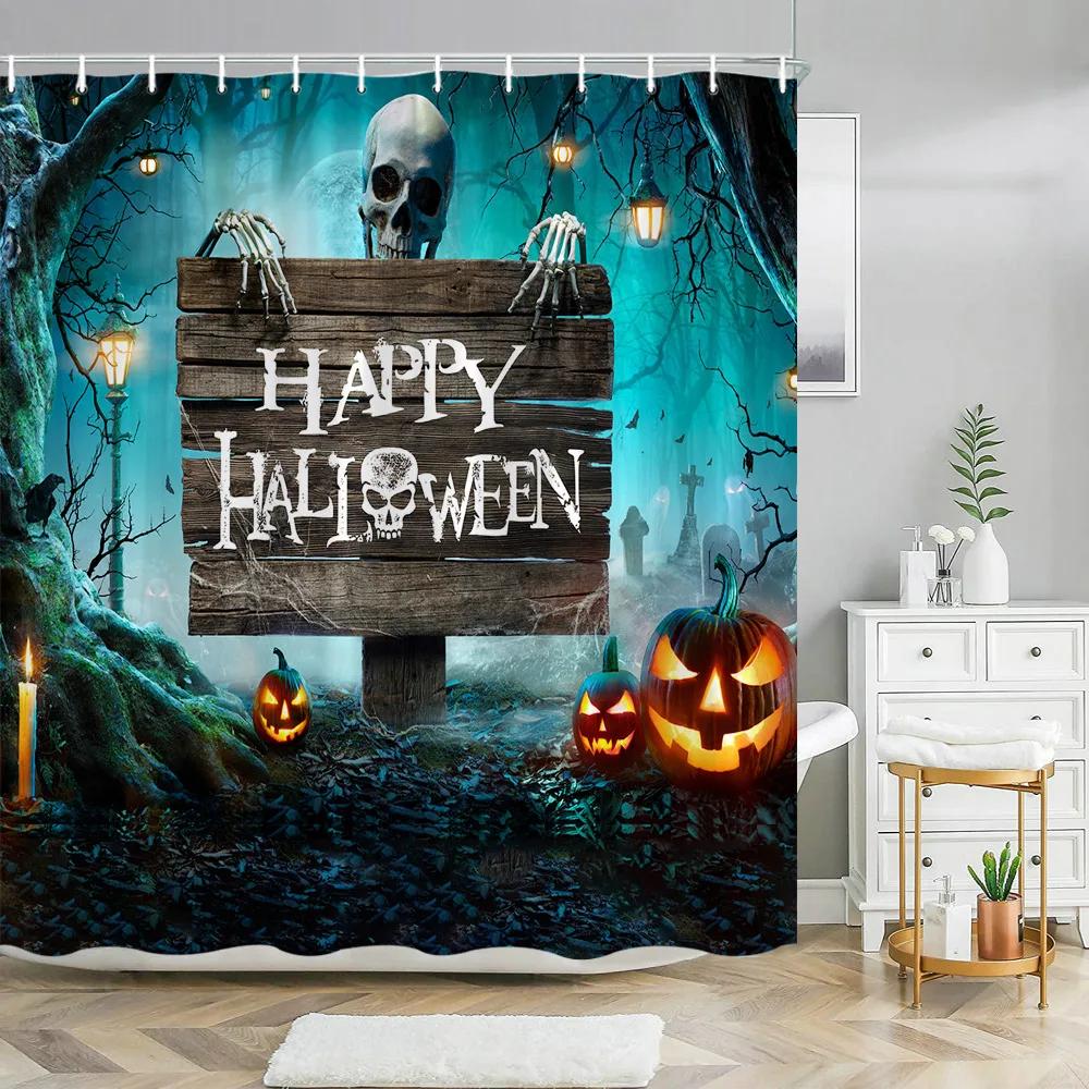 Läskiga Halloween Duschdraperier Svart Katt Pumpa Duschdraperi Häxa Lila Fladdermus Spindelnät Tyg Duschdraperi Badrumsdeko