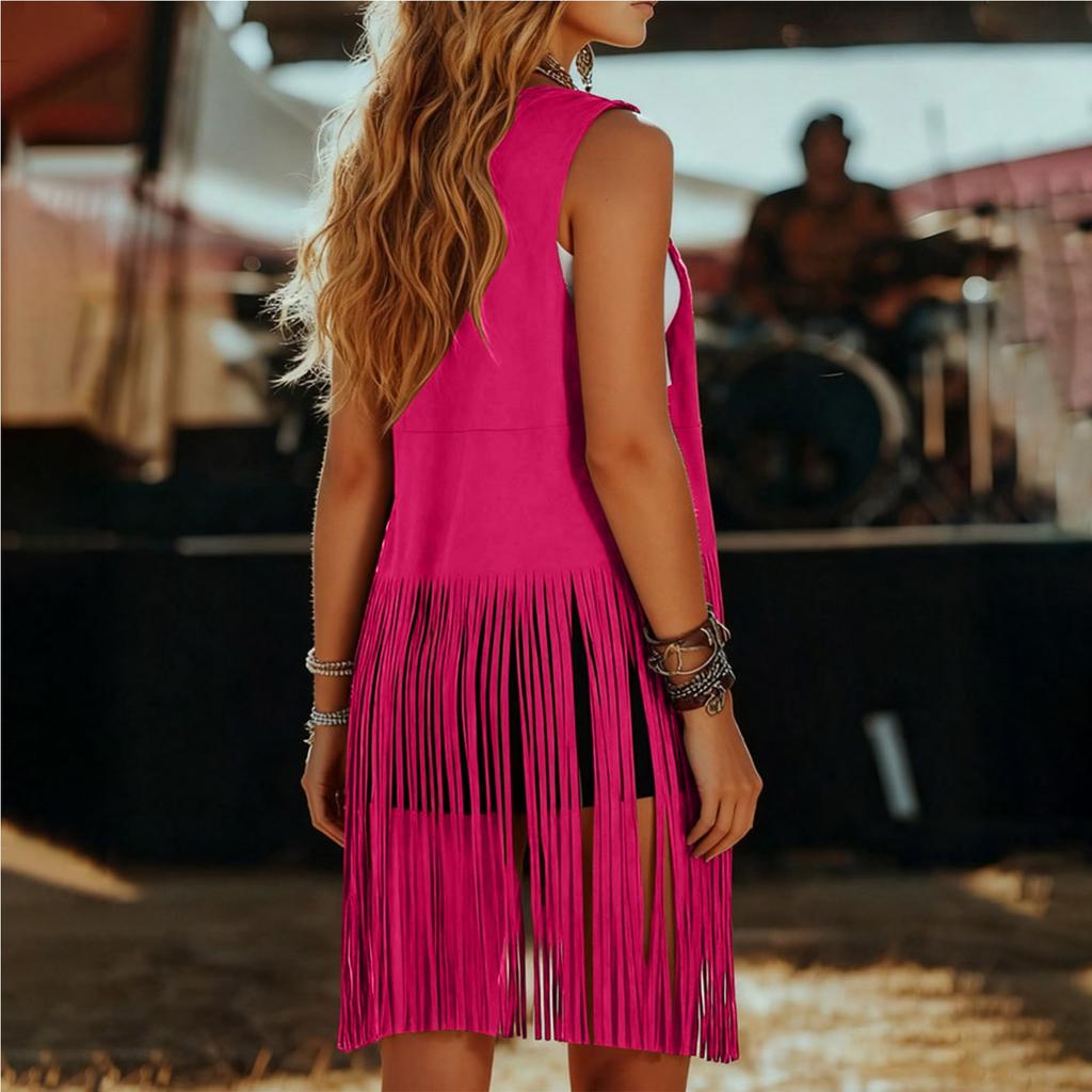 Fashionable Women's Shawl- Fringed Vest, Sleeveless Mid-length Vest.