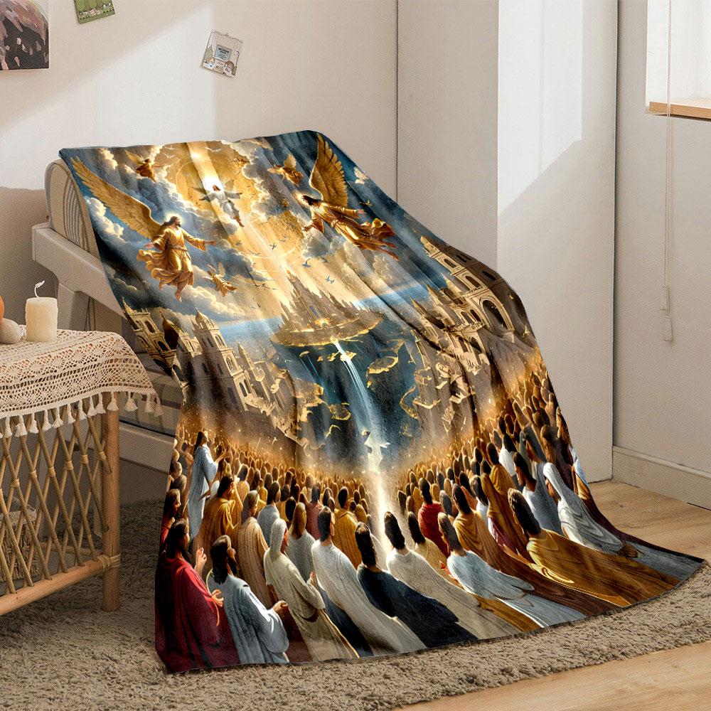 Ascended Jesus Angels Holy City  Printed Blanket for Living Room Bed Couch lunch break Soft Cozy Blanket for Friend's festival Gift