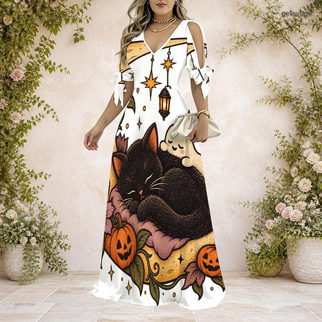 Women Plus Size V Neck Cold Shoulder Short Sleeve Halloween Llama Printed A Line Long Dress