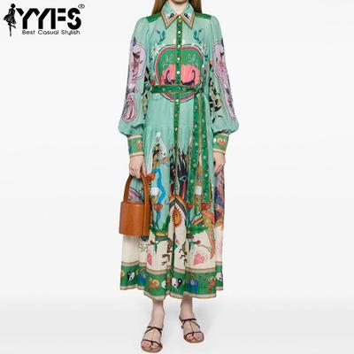 Damenmode Frühling Herbst Blumenmuster Druck Langarm Polokragen Hohe Taille Freizeitkleider