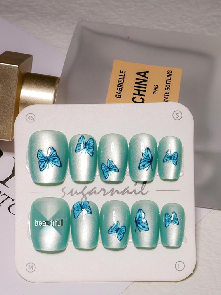 Butterfly & Cat Eye Wearable Nail Kit - Cute Short Manicure Pieces