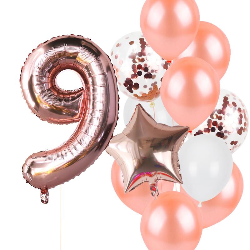 12pcs Rose Gold Number Foil Balloons Birthday Party Decoration Kids 1st First Baby Girl Princess 1 2 3 4 5 6 7 8 9 Years Old