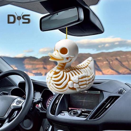 Skeleton Duck Car Mirror Hanging Ornament Cute Cat Charm Keychain Pendant Acrylic Rearview Mirror Accessories for Women Girls Halloween Decoration
