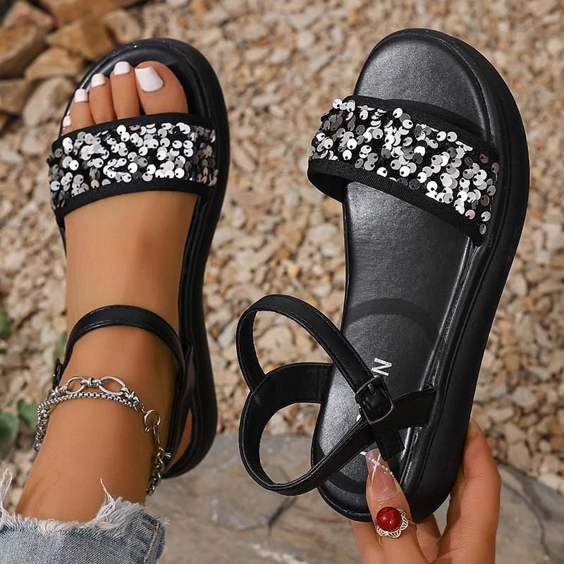 

Fashion Fashion Sequin Platform Sandals Women Summer 2025 Thick Bottom Non Slip Sandles Woman Outdoor Ankle Buckle Sandalias De Mujer 35