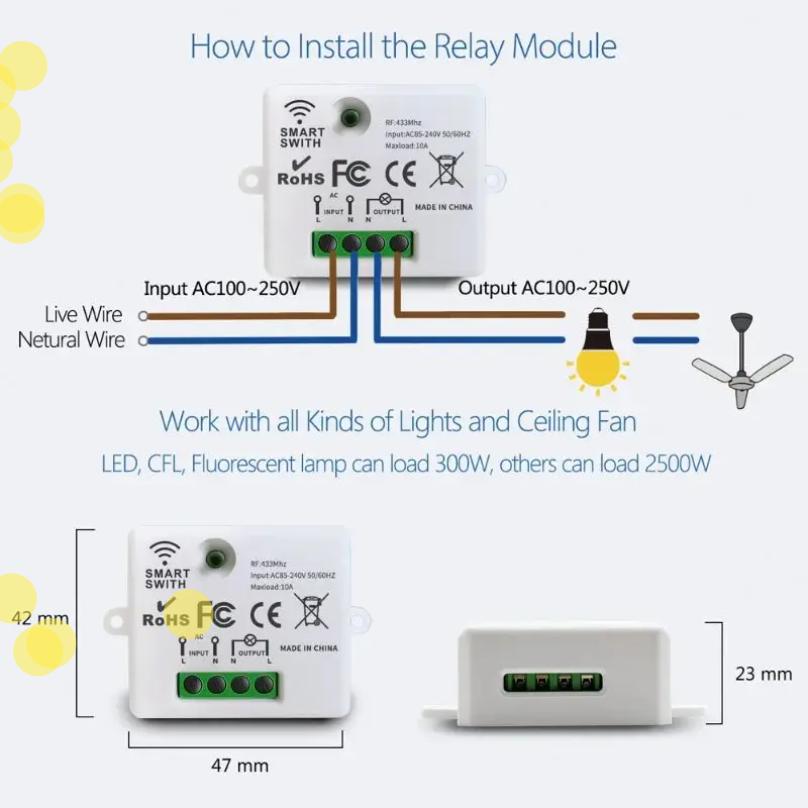 Wireless Smart RF 433Mhz Wall Panel with Remote Control 1/2/3gang Mini Relay Receiver Home Led Light Lamp Switch