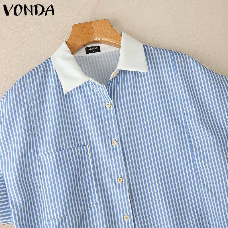 VONDA Women Stitching Lapel Short Sleeve Striped Buttons Up Casual Blouse