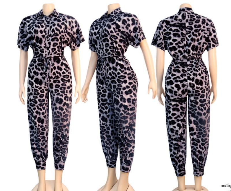 2020 Women's European Retro Leopard Print Short Sleeve Jumpsuit, Loose Plus Size, High Waist, Leg-Slimming Design