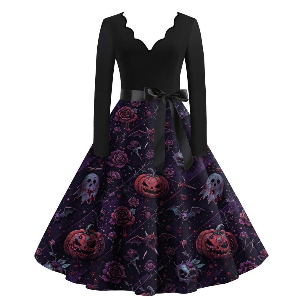 Women's Halloween Printed Long Maxi Dress for Costume Party