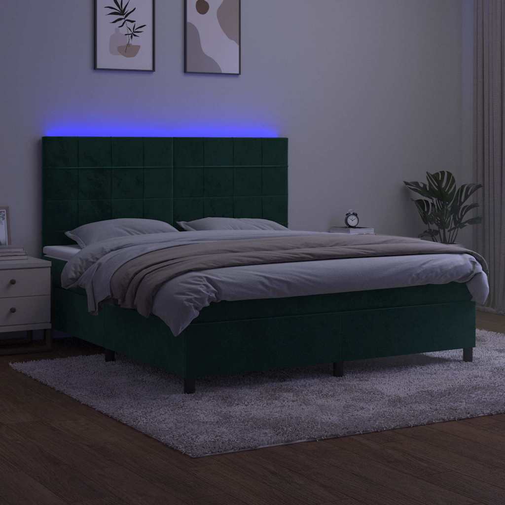 Box Spring Bed with Mattress & LED Dark Green 180x200 Cm Velvet