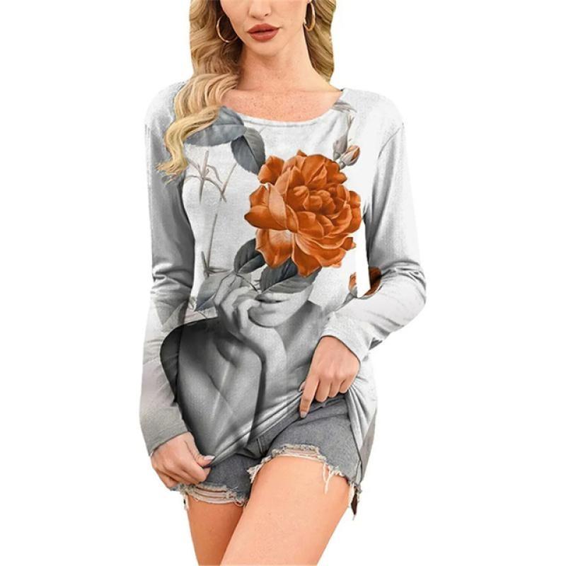 European and American Fashion Oil Painting Style Printed Casual Long Sleeved T-shirt O Neck Oversized Tees Tops Women's Clothing