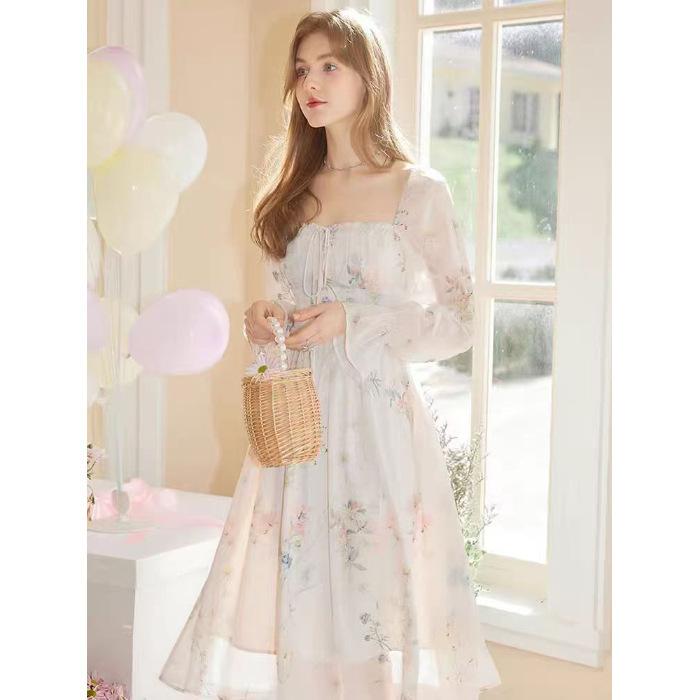 French coffee break dress 2026 spring and summer new lantern sleeve temperament fairy long dress waist floral dress women's clothing