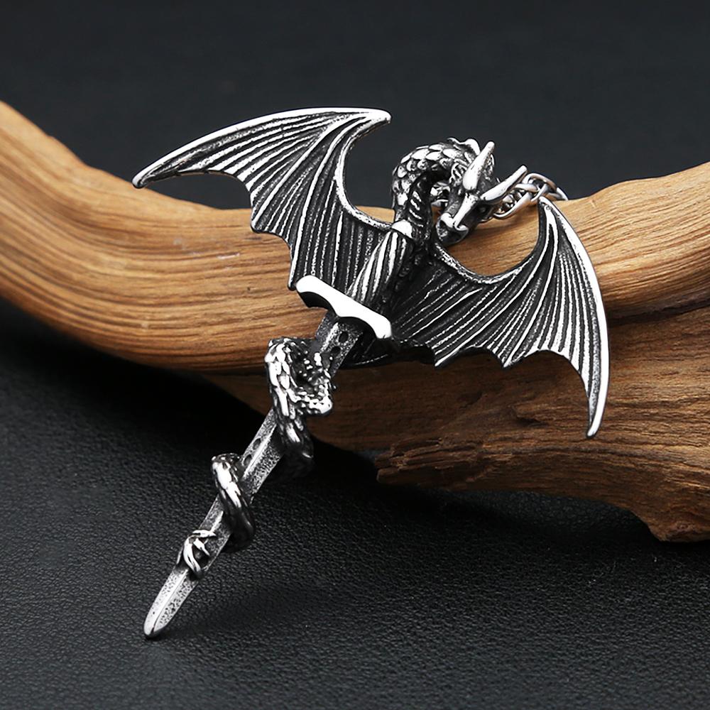 New Vintage Pterodactyl Holy Sword Shape Pendant Necklace Stainless Steel Hip Hop Biker Animal Party Jewelry Male  Gifts