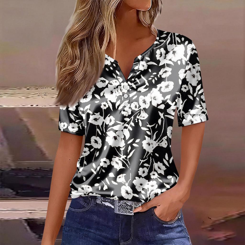 Women's Fashion Casual Retro Print  Collar Short Sleeve Button T-Shirt Top