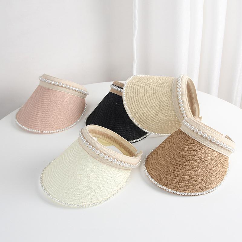 Summer Woman Straw Pearl Decor Sun Hats Antiuv Female Outdoor Hand Made Cap Casual Shade Hat Empty Top Hat Beach Vacation Visor