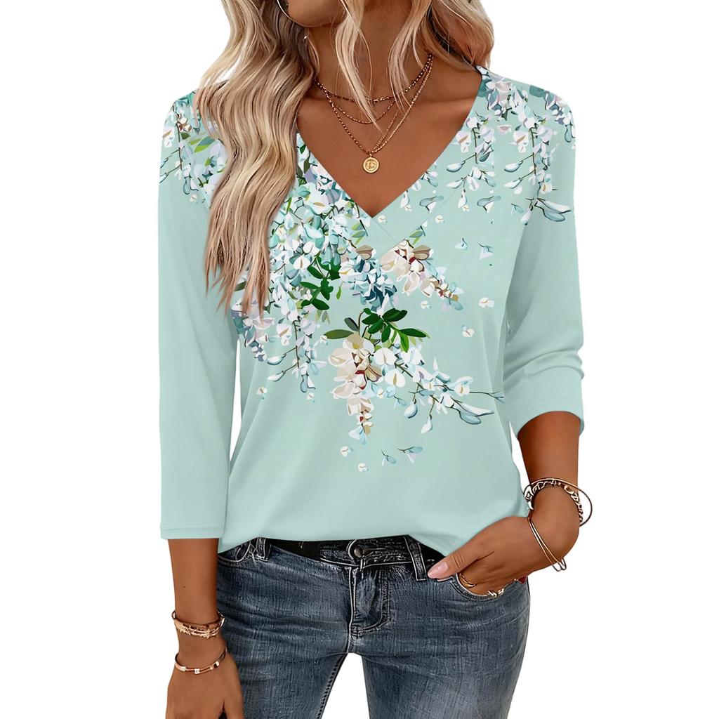 Damenoberteile mit 3/4-Ärmeln V-Ausschnitt Hemd Lässige Bluse Basic T-Shirts