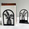 Office Desk Organizer 1 Pair Flower Metal Bookends, Decorative Vase Book Ends for Artistic Bookend Shelves, Black Holder Stopper Home Reading