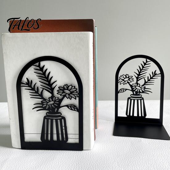 Office Desk Organizer 1 Pair Flower Metal Bookends, Decorative Vase Book Ends for Artistic Bookend Shelves, Black Holder Stopper Home Reading