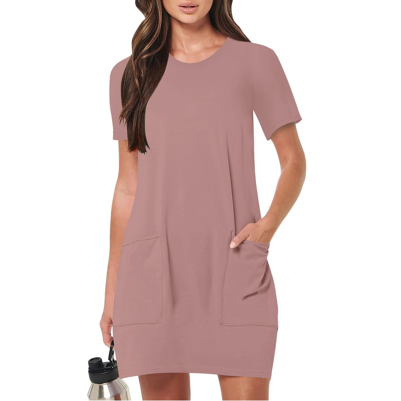 

Женское модное однотонное повседневное спортивное короткое платье с короткими рукавами и круглым вырезом с карманами XL