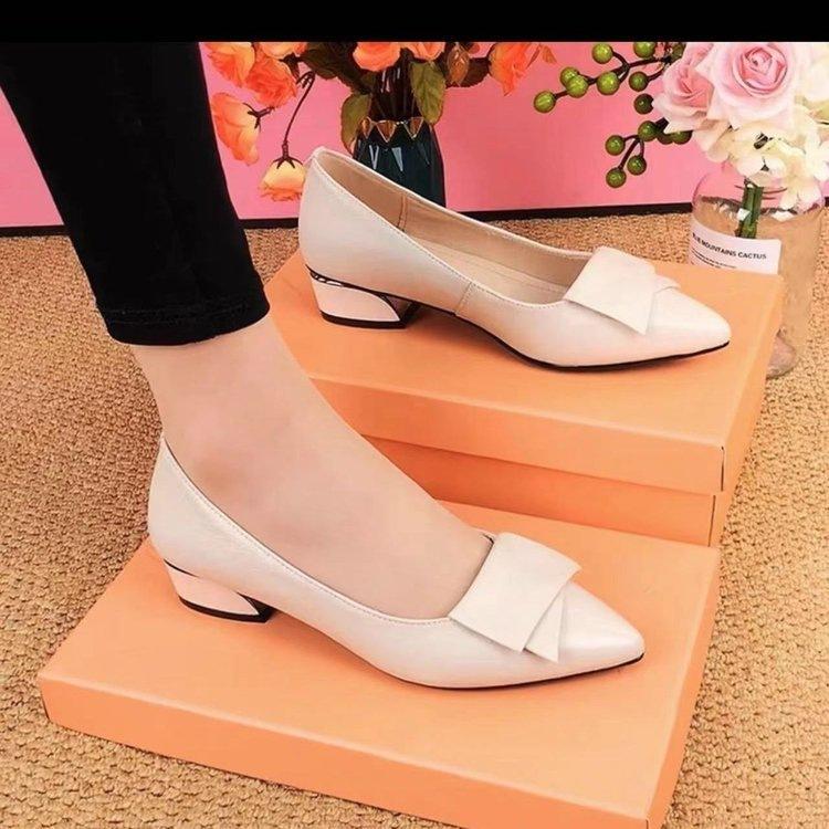 Spring Women's Pointed-Toe Chunky Heel Pumps Soft Leather Low-Heel Work Shoes Minimalist Versatile Black Commuting Shoes
