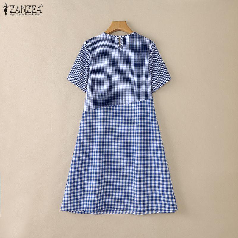 ZANZEA Women Casual Round Neck Short Sleeve Plaid Print Dress
