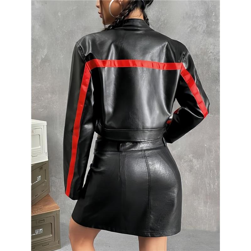 American High Street Stand Collar Short Leather Jacket For Women Stylish Cool Striped Zipper Front Coat Autumn Winter Fashion Outerwear