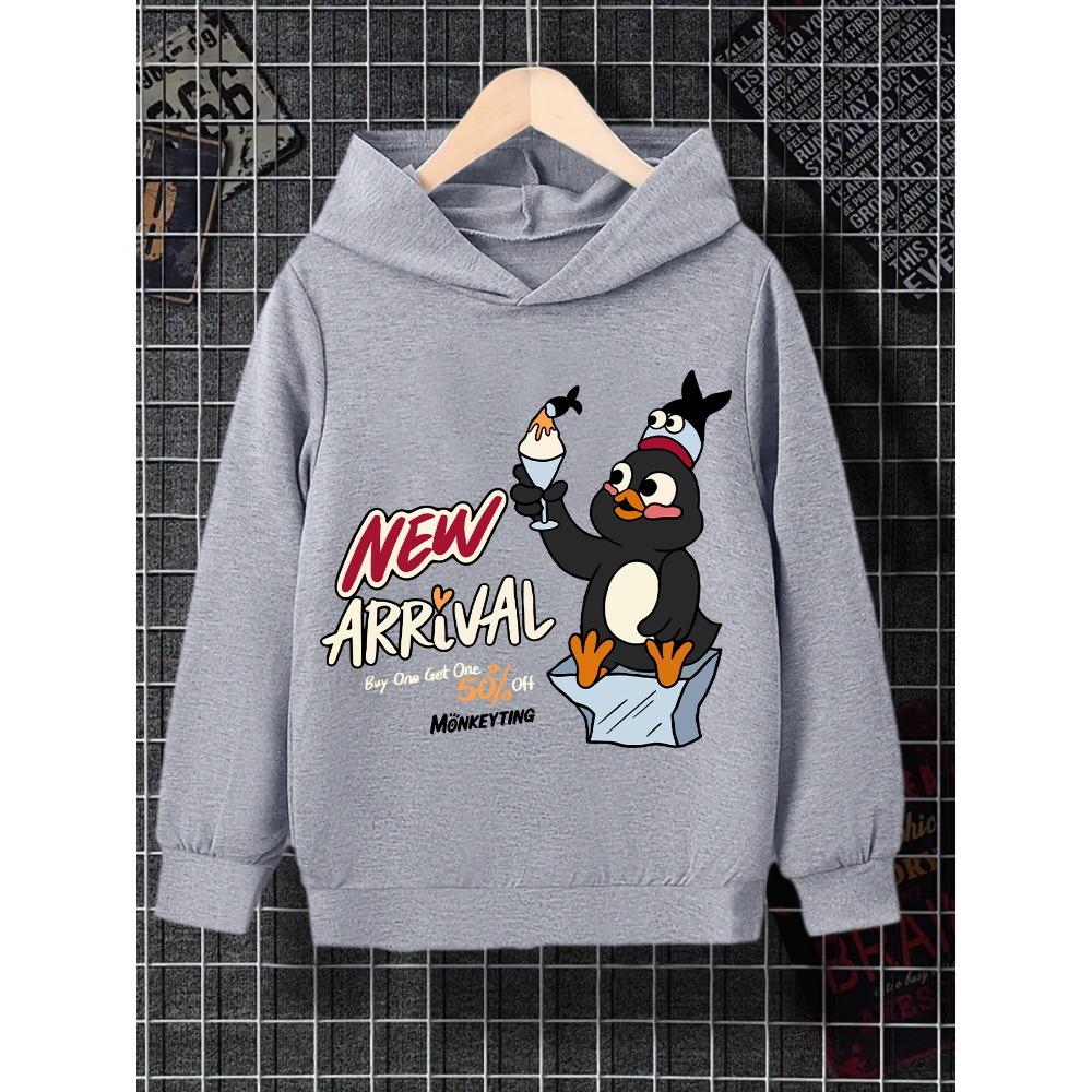 

A Casual And Simple Grey Hooded Sweatshirt For Boys With A Pattern Of Penguins Eating Ice Cream, Suitable For Daily Outings 100