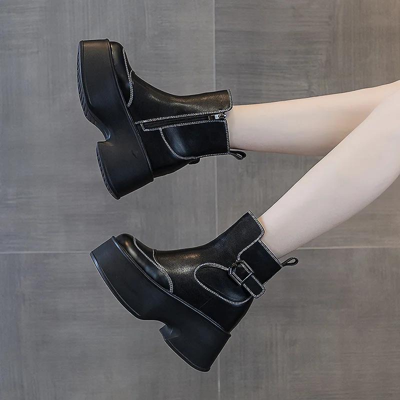 Fashion 11CM Suede Cow Genuine Leather Spring Autumn British Motorcycle Fashion ZIP Ankle Boots Platform Wedge Flats Women Shoes