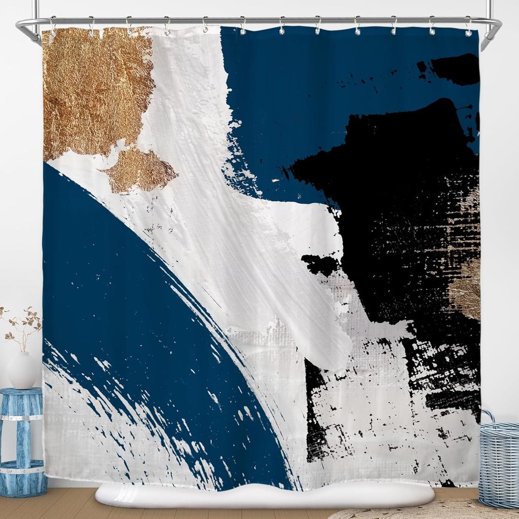 Black Shower Curtain Bathroom Decorative Abstract Modern Art Printed Shower Curtain Waterproof 12 Pack Plastic Hook