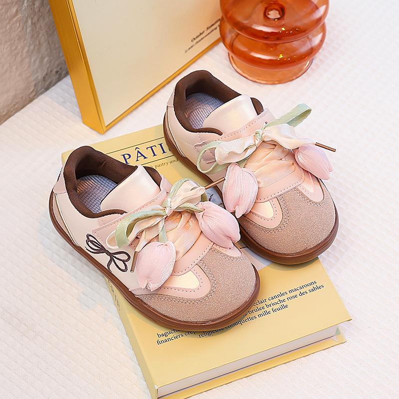 Girls Tulip Flower Bow Decor Velcro Two Tone Soft Sole Casual Sneakers 23 серебряный