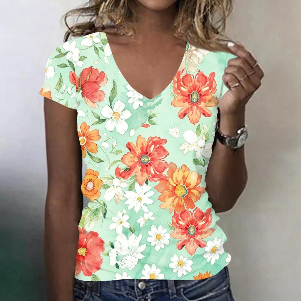 Women V Neck Short Sleeve T Shirt with Floral Print Casual Loose Fit Lightweight Top for Daily Wear Office or Travel