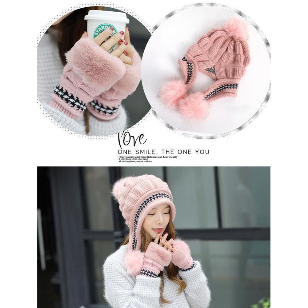 Girls Thicken Ski Snow Cap Fur PomPoms Winter Women Beanie Hats Female Skullies Warm Gloves + Knit Hat Set