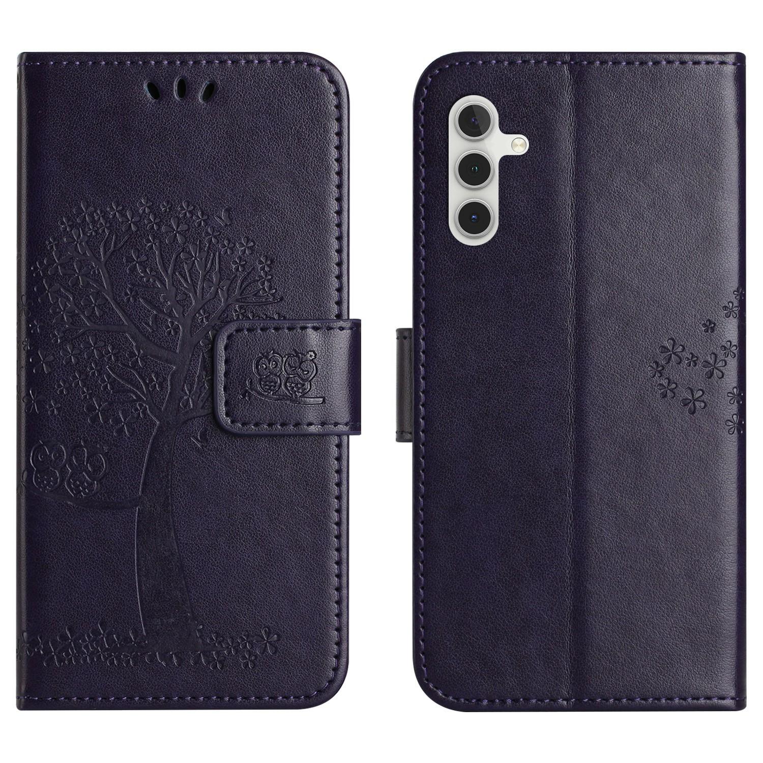 

For Samsung Galaxy A56 5G/M56 5G Case PU Leather Owl Tree Imprinted Wallet Phone Cover with Strap Dark Blue