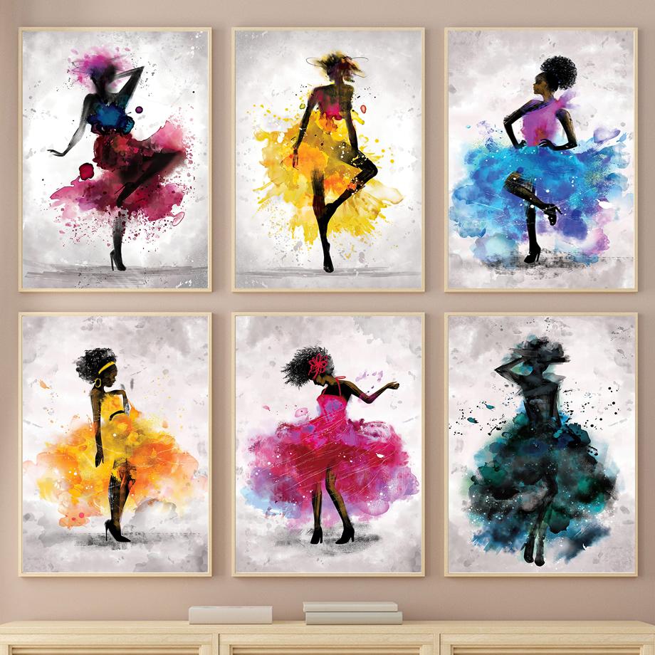 Mulher negra dançando pôster abstrato aquarela tela arte de parede pinturas decorativas impressões imagem sala de estar decoração nórdica