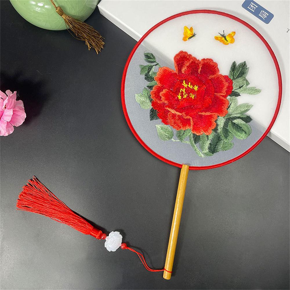 Round Double Sided Embroidery Fan Chinese Style Wooden Handle Embroidery Round Fan with Pendant Handheld Flower Silk Fan