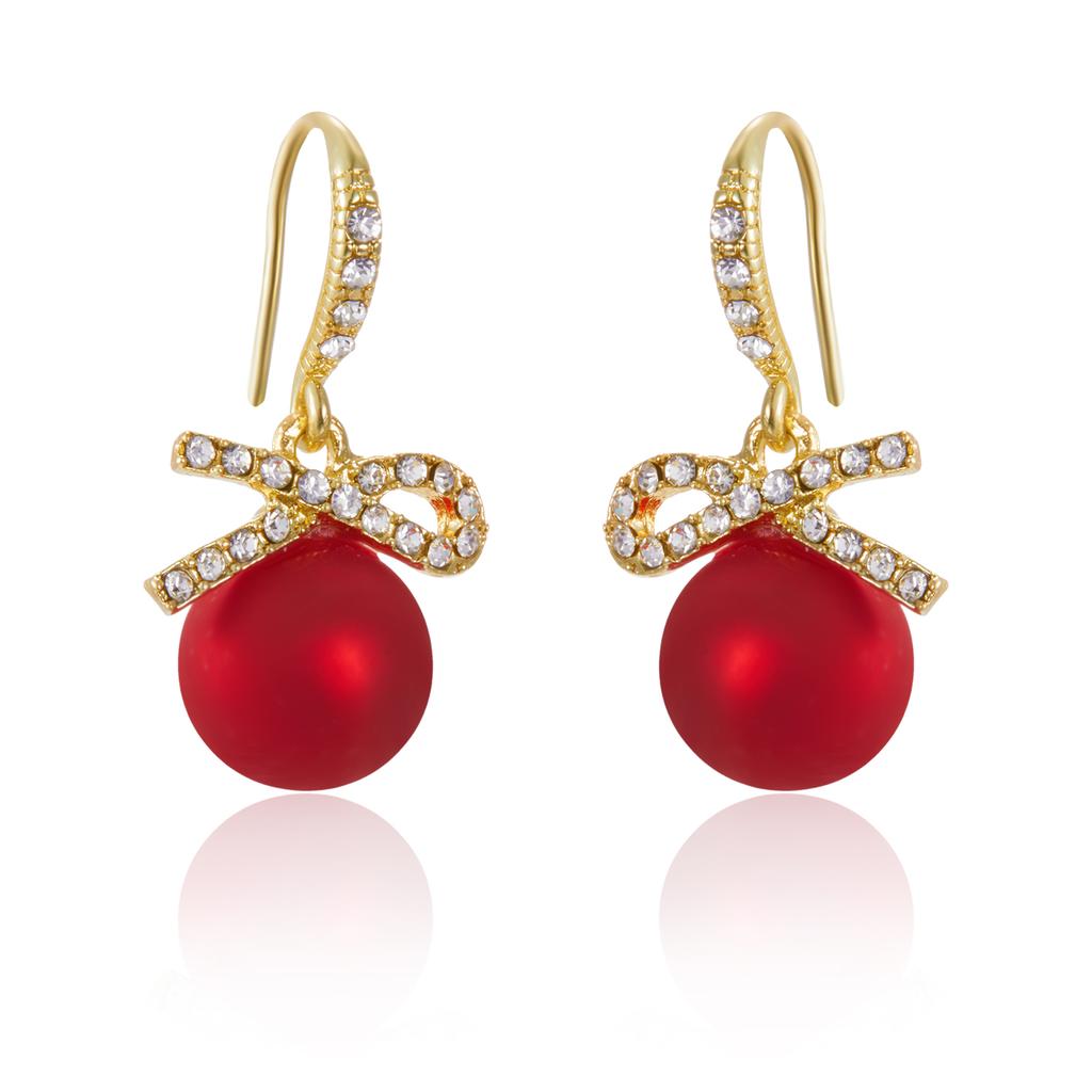 New Style Temperament Red Color Christmas Bow Stud Earrings for Women Rhinestone Bowknot Red Ball Earring Girls Party Jewelry