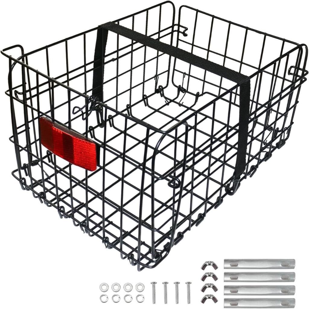 Panier arrière de vélo pliant à dégagement rapide, porte-bagages métallique pour vélo, panier de chargement avec sangle et feu arrière réfléchissant pour la plupart des porte-bagages montés