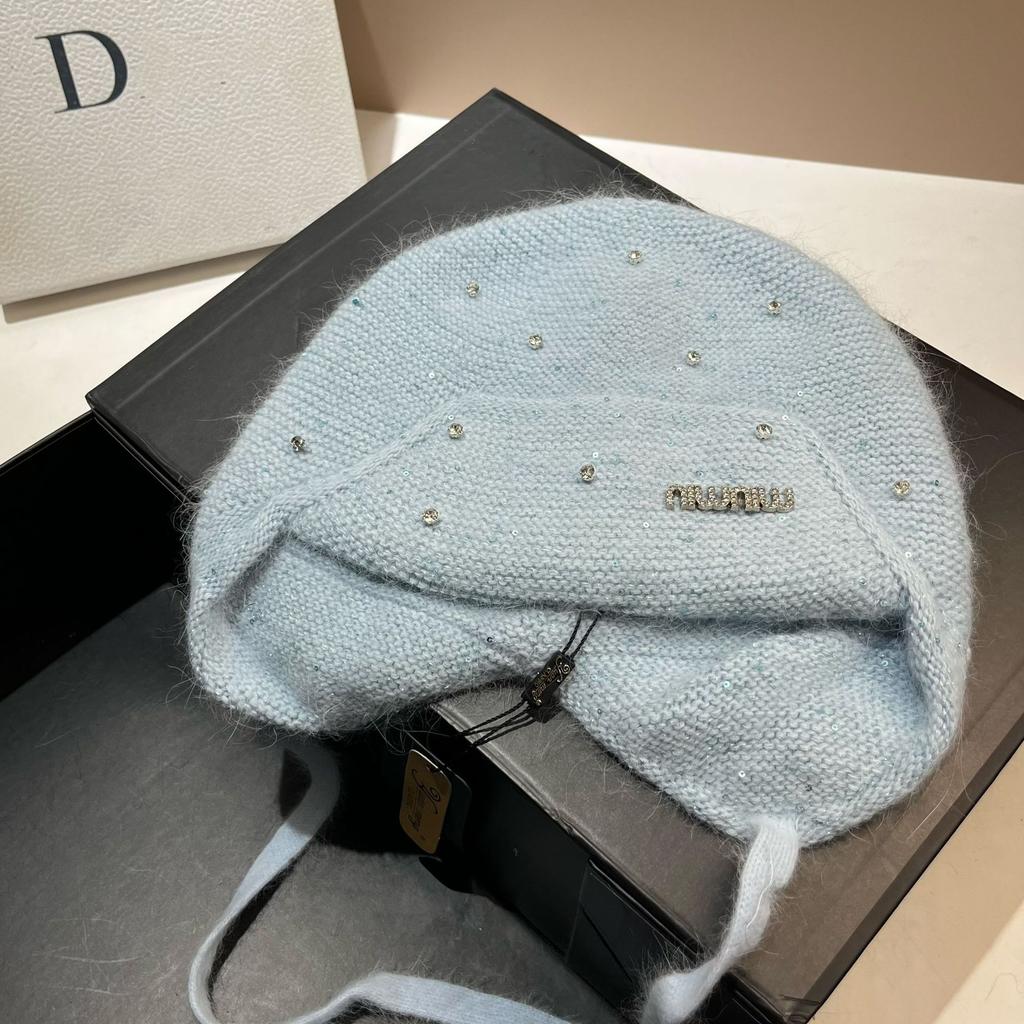 Light Luxury Rhinestone Min Rabbit Hair Knitted Hat Winter Outdoor Double-Layer Thermal Ear Protection Hat Celebrity Style Bag Head Hat