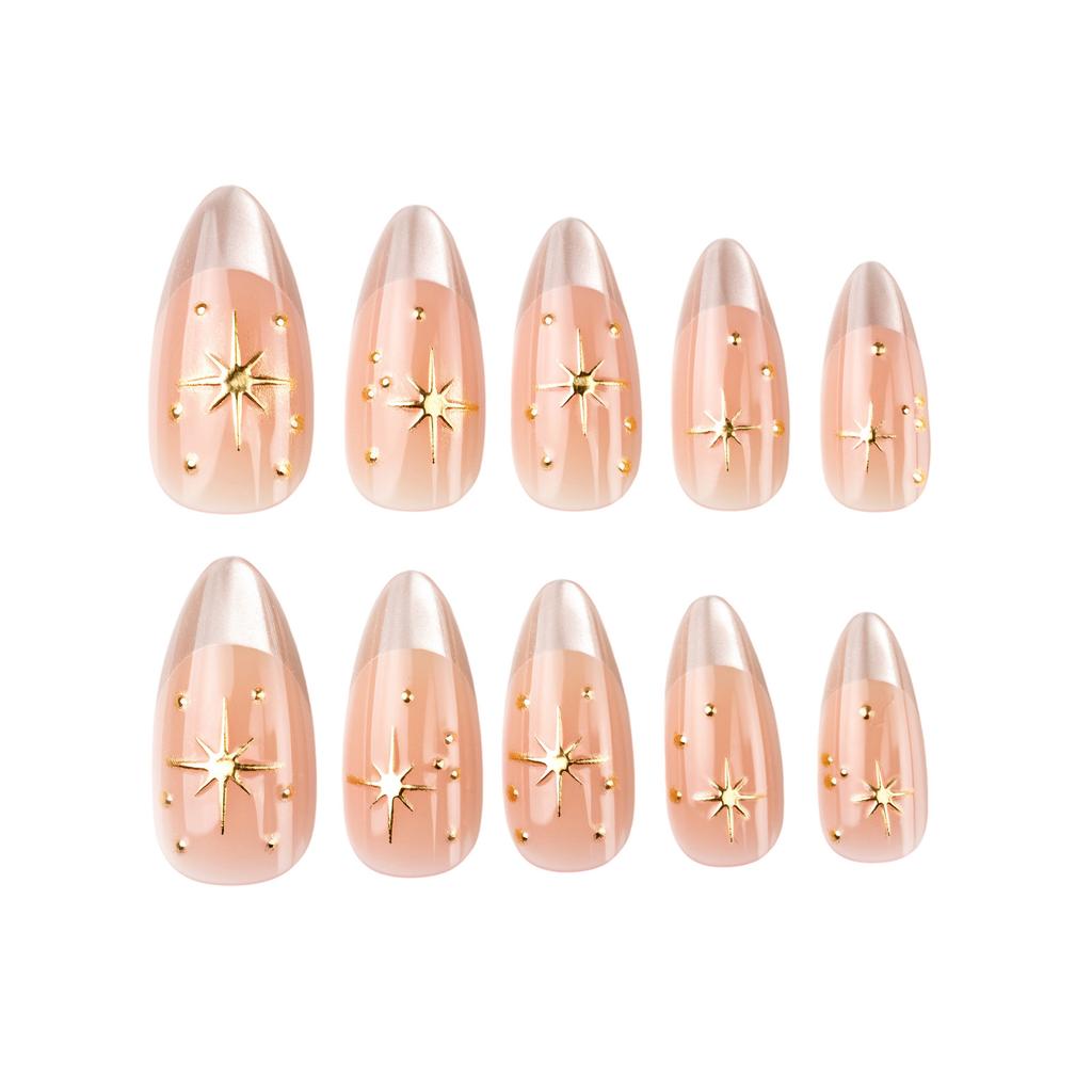 Golden Starry French Cat-Eye Almond False Nails 24 Pieces Elegant Design for Women