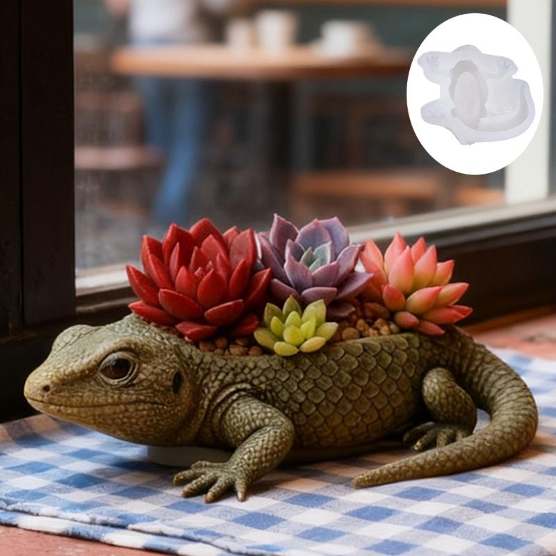 Flexible Silicone Lizard Flower Pot Mold for Crafting Home Office Decoration Unique Planter Making Mould